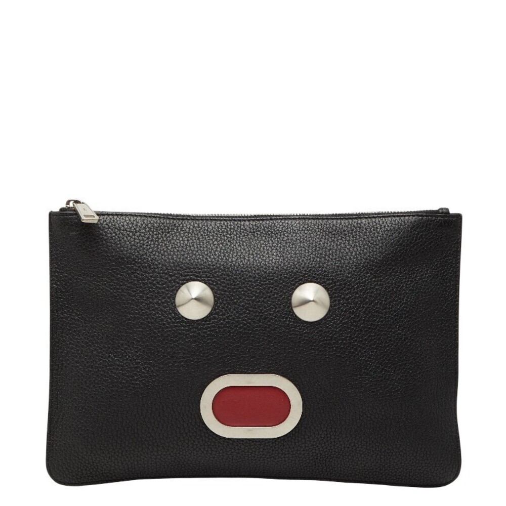 Fendi Face Clutch Bag Shoulder Black Leather